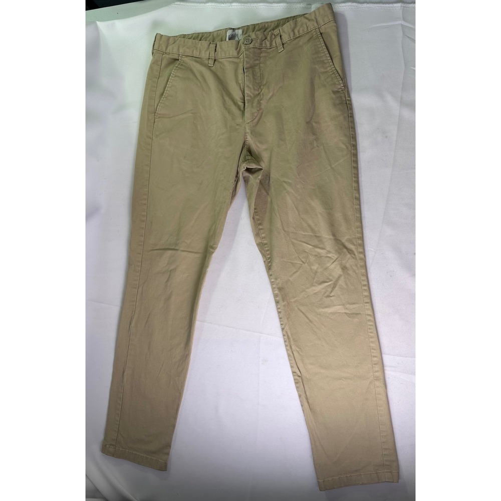 H&M Slim Fit Chino Pants Mens Beige Khaki Flat Front Cotton Stretch 33/32